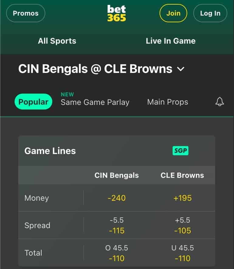 2025 NFL week 1 line & odds for the Cincinnati Bengals vs. Cleveland Browns at Bet365 Ohio
